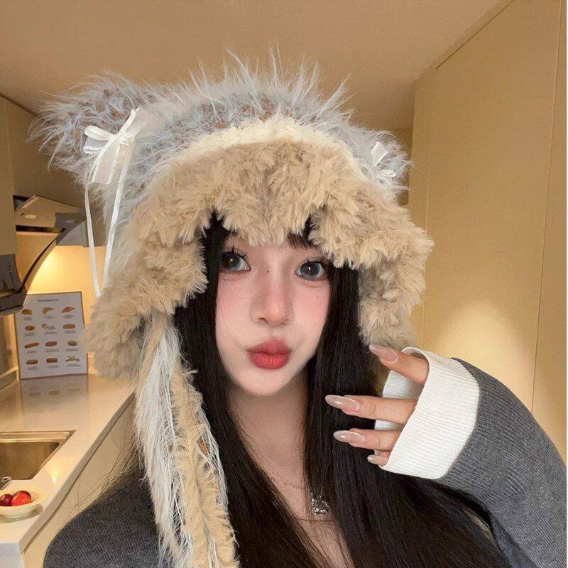 秋冬季新款雷锋帽保暖条纹拼接加厚花瓣帽檐针织毛线帽子女护耳帽