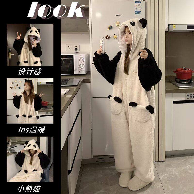 珊瑚绒2025新款加绒加厚连体睡衣女秋冬款可爱小熊猫家居服可外穿