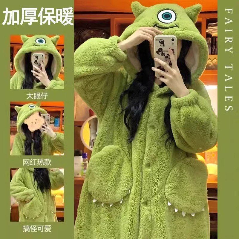 特价！！可爱卡通大眼仔珊瑚绒睡衣女2025年新款冬季加绒加厚睡袍
