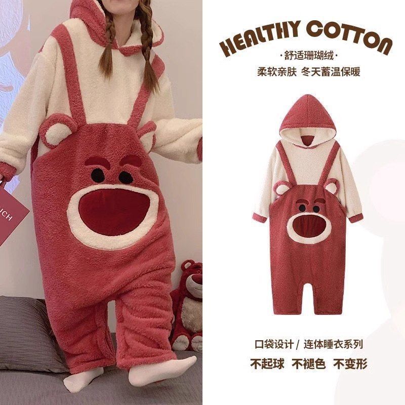 草莓熊连体睡衣女冬季加绒加厚珊瑚绒卡通网红连帽保暖法绒睡袍