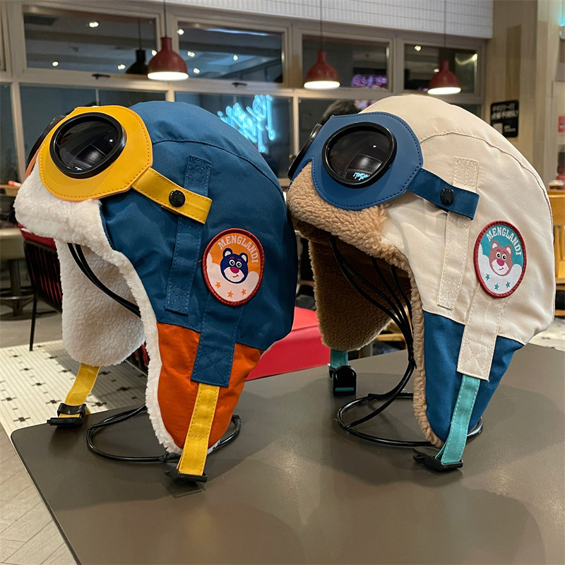 英国DHWA儿童滑雪帽带护目镜秋冬季防风防寒男女童雷锋帽飞行员帽