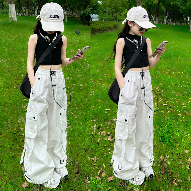 韩国Uamtor女童工装裤夏季薄款白色美式高腰运动洋气宽松休闲裤子