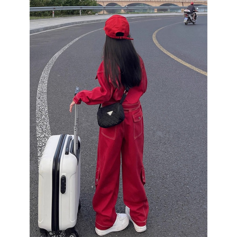 韩国Uamtor女童牛仔工装套装春秋新款时髦女孩中大童炸街洋气童装