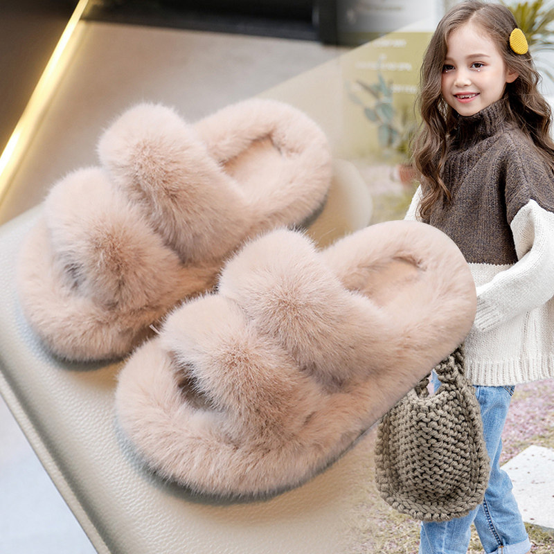 英国DGKP女童鞋网红拖鞋2025秋冬新款儿童软底防滑外穿毛毛棉拖