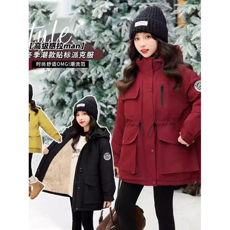 法国BERYDIA女童冬季加绒加厚派克服外套中大童女孩纯色连帽棉衣