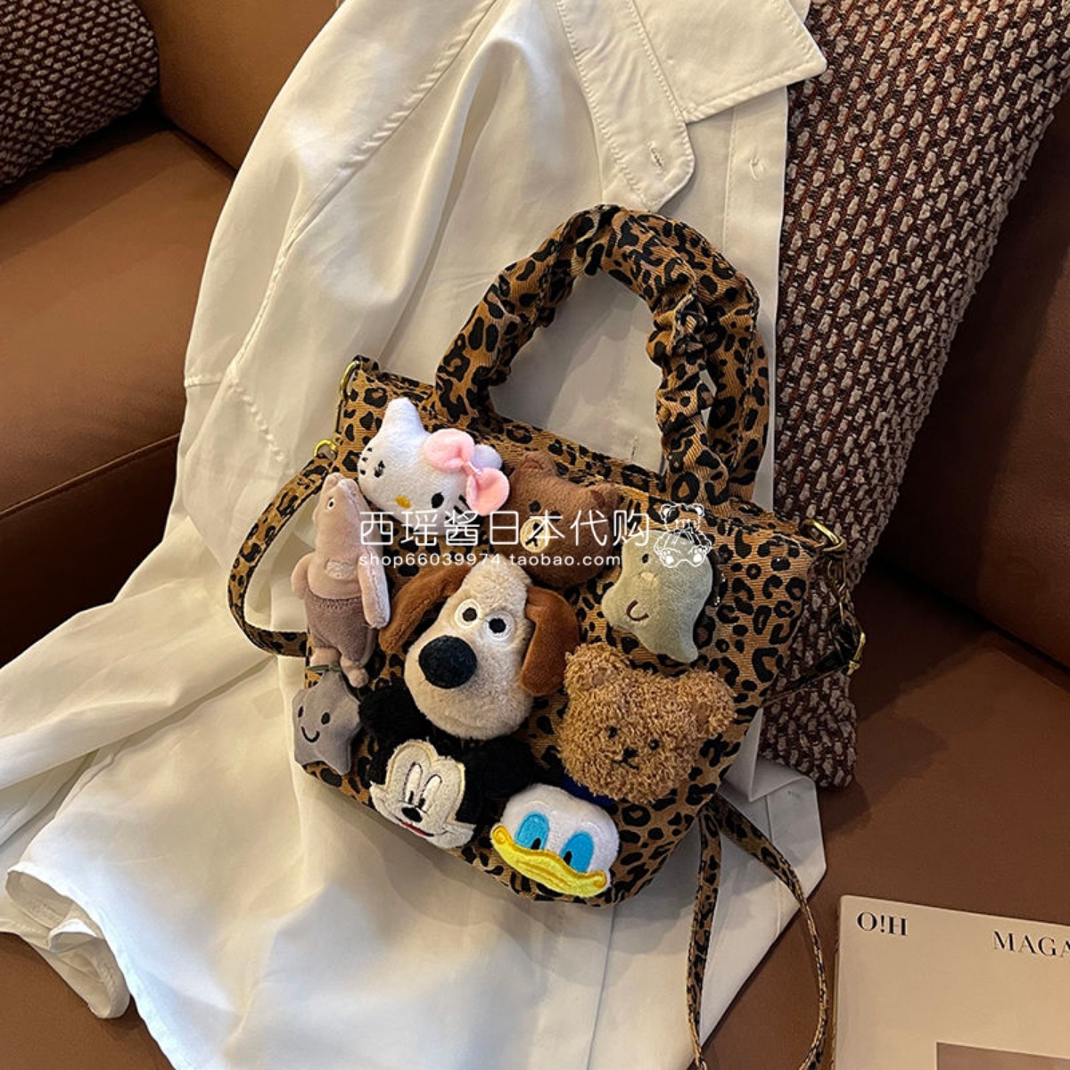 日本代购GP卡通小狗水桶包女新款可爱公仔玩偶百搭豹纹单肩斜挎包