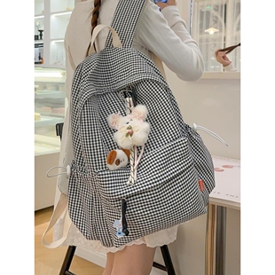 书包ins小众初中女生格纹简约黑色韩系大容量高颜值轻便女高中生