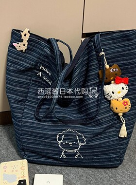 日本代购GP双面潦草小狗托特包女新款牛仔包大容量休闲刺绣单肩包
