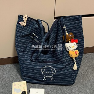 日本代购GP双面潦草小狗托特包女新款牛仔包大容量休闲刺绣单肩包