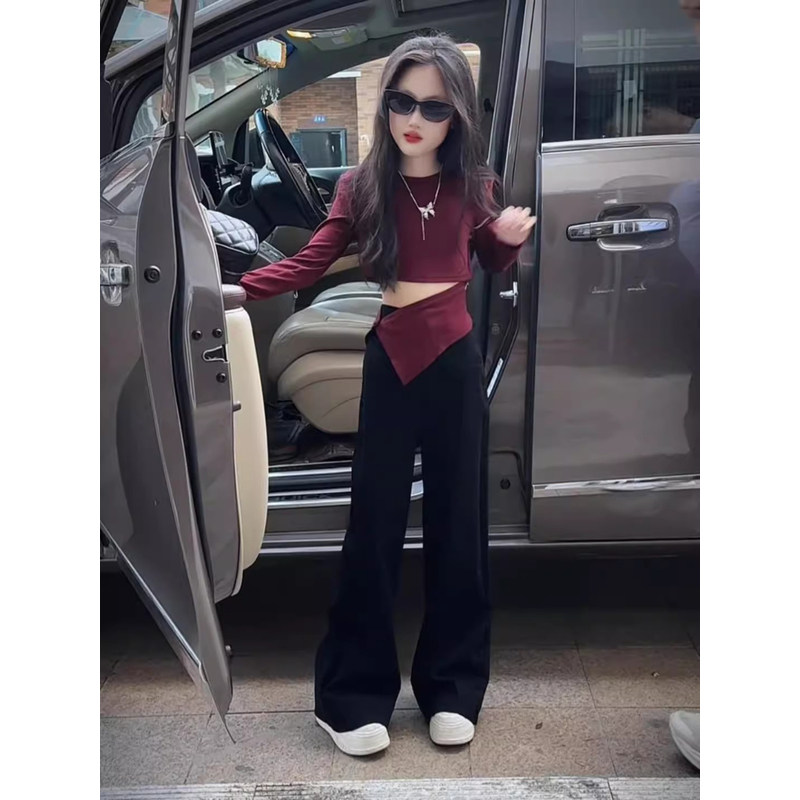 韩国Uamtor女童独特漂亮套装春秋款修身短款长袖T恤阔腿裤辣妹装