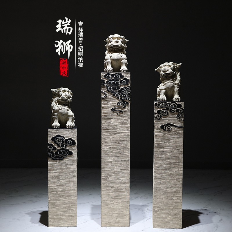 新中式玄关客厅装饰仿古拴马桩镇宅狮子一对貔貅招财麒麟落地摆件