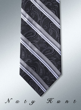 Natyhunt黑色佩斯利斜纹撞色男士真丝领带手打高端商务领带礼盒9c