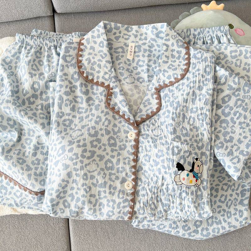 贝壳蓝色卡通小狗豹纹云朵棉大码夏季睡衣女短袖短裤居家服三件套
