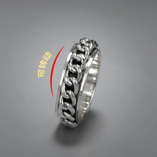 S999纯银可转动链条麻花戒指个性新潮嘻哈情侣男女士旋转指环复古