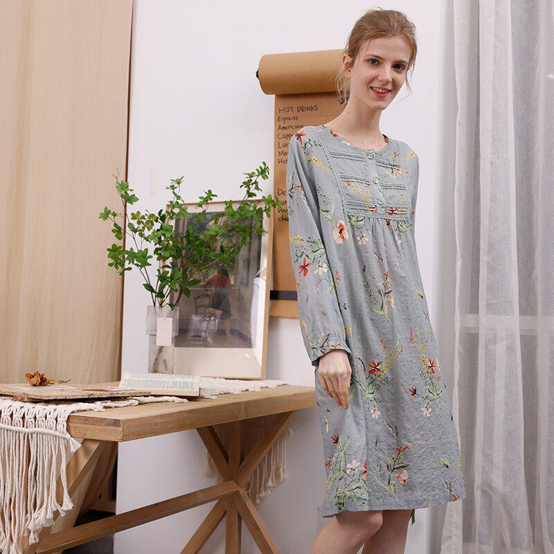 曼诺曼蒂克睡衣春夏简约圆领优雅淑女印花宽松舒适睡裙孕妇起居服