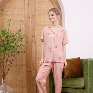 曼诺曼蒂克睡衣女夏季短袖开衫家居服薄款舒格棉甜美印花宽松睡裙