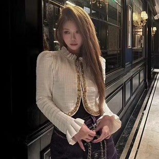 上衣 外穿气质名媛2025开衫 轻奢小香风法式 高级感串珠木耳边针织衫