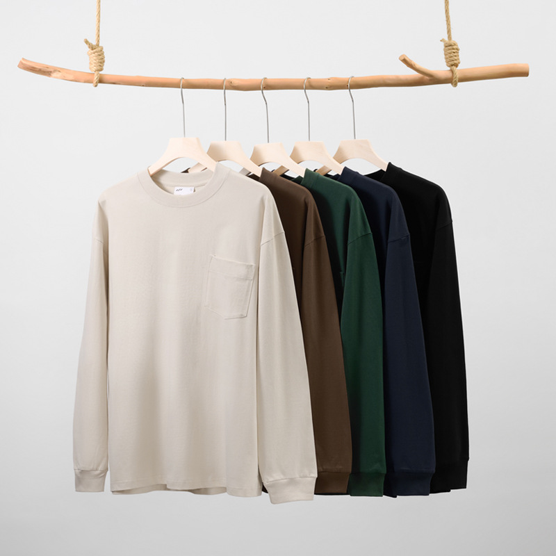 美式宽松230g口袋款长袖t恤男秋季新款纯棉白色外穿情侣上衣男潮
