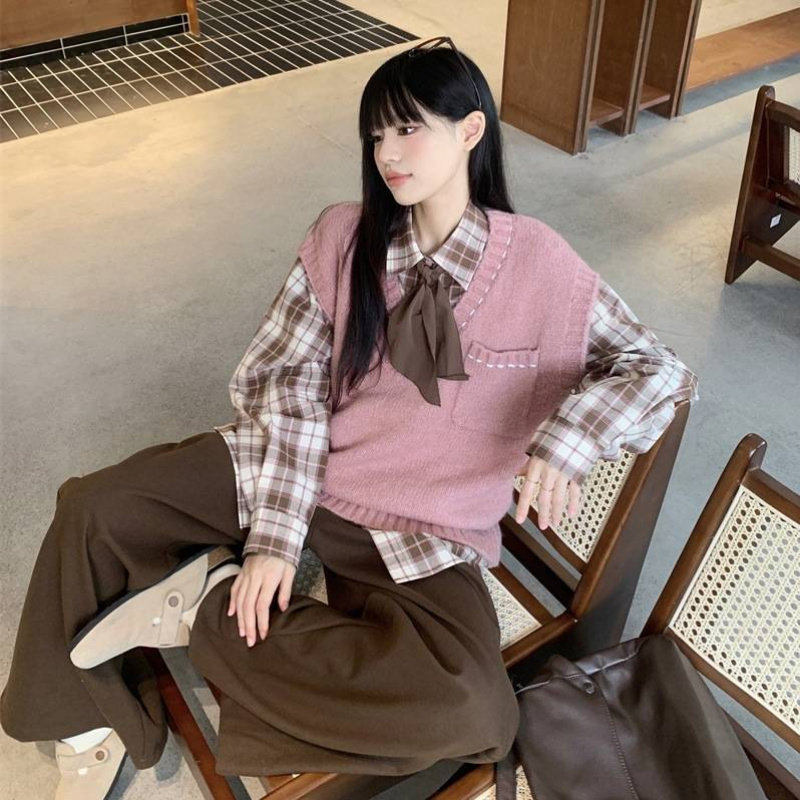 韩系套装格子翻领长袖衬衫女秋季叠穿粉色针织马甲外套上衣两件套