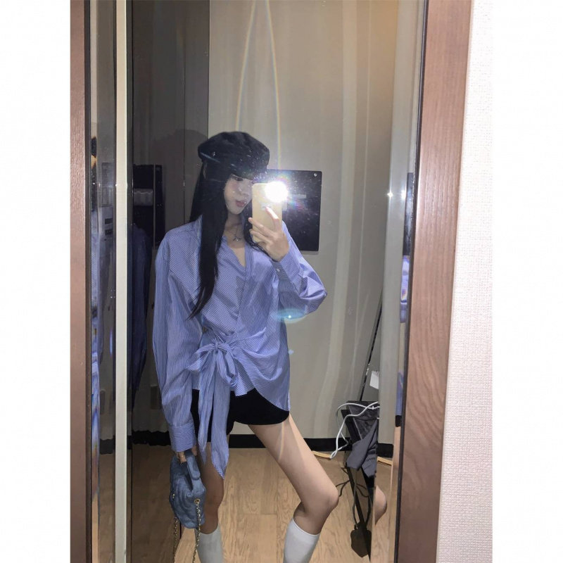 韩版慵懒休闲风衬衫衬衣女秋季2025新款交叉绑带收腰显瘦百搭上衣