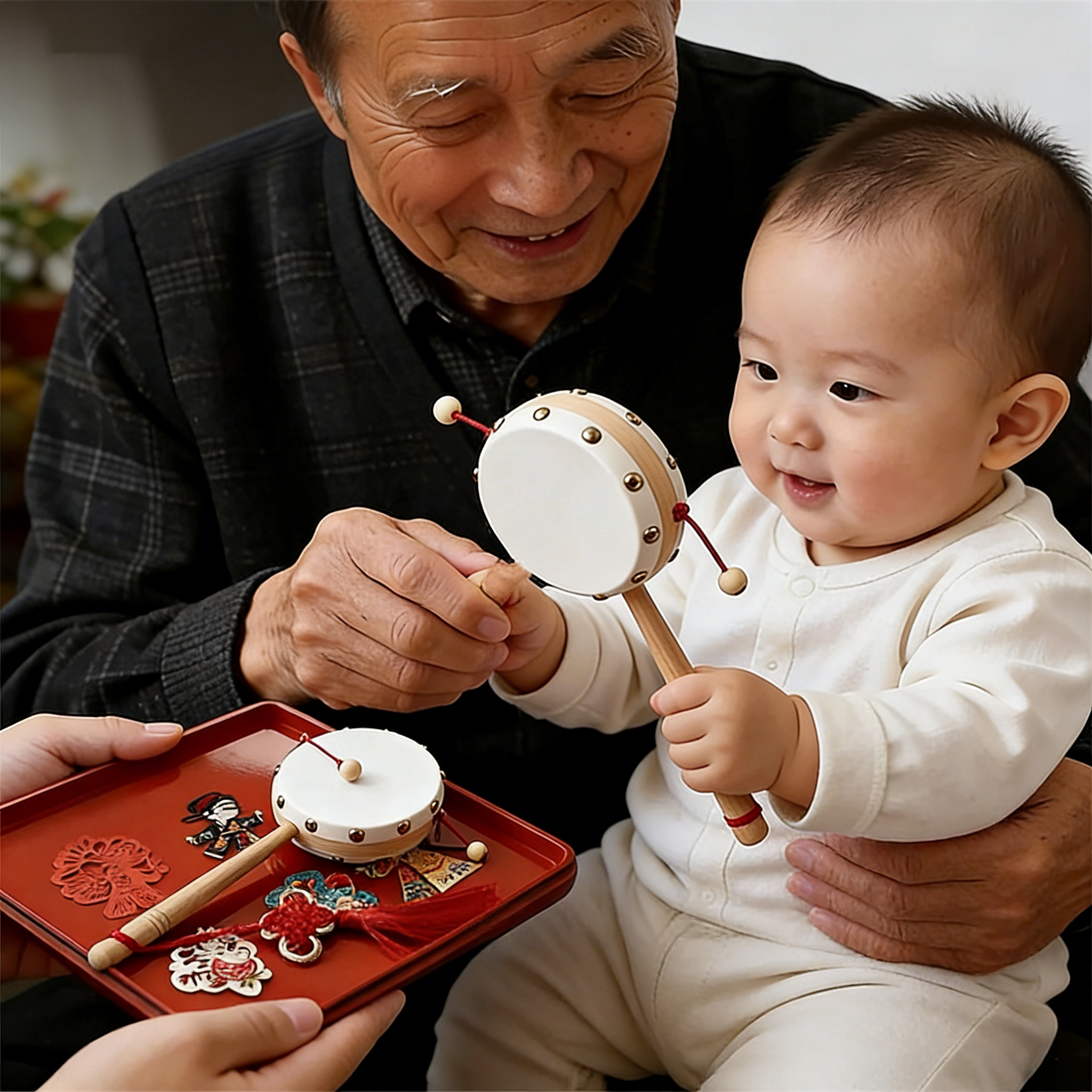 拨浪鼓婴儿可啃咬老式手工羊皮传统木质哗啦棒手摇铃宝宝益智玩具,玩具/童车/益智/积木/模型,拨浪鼓,淘宝优惠券,粉丝福利购,淘宝优惠卷