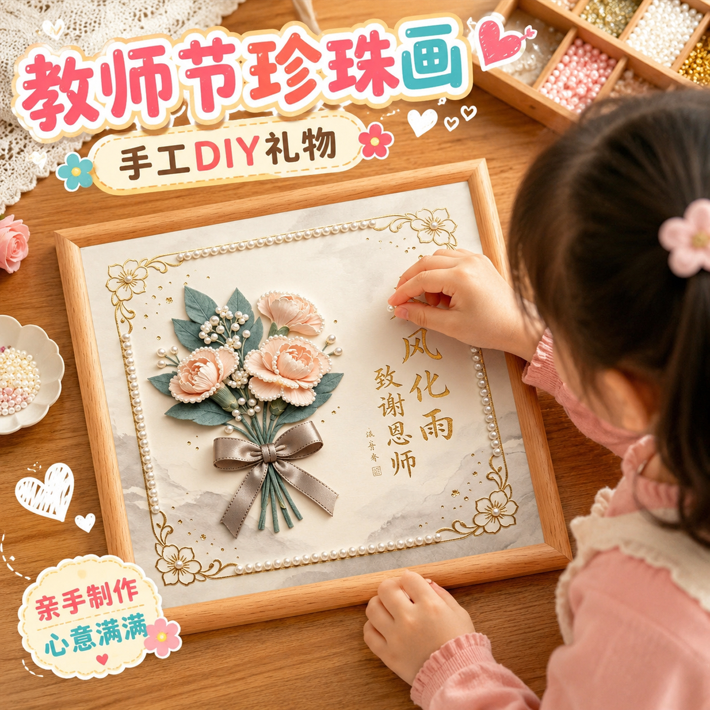 恩师如灯教师节快乐珍珠画diy材料包带木相框学生手工送老师礼物