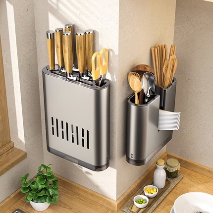 厨房刀架筷子笼置物架家用多功能勺子筷子刀具收纳盒挂式沥水筷筒