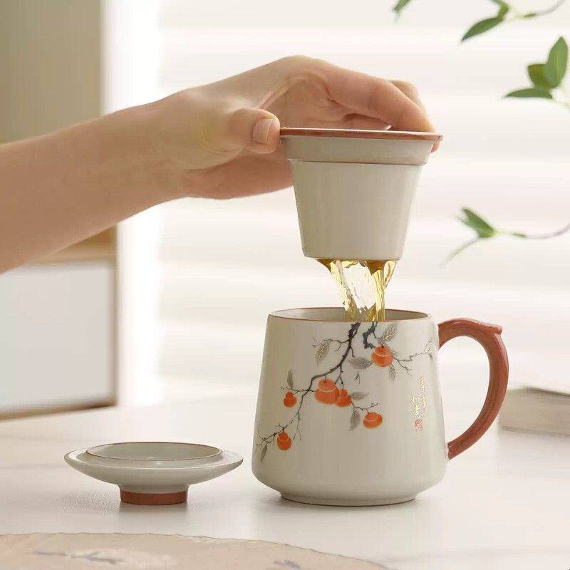 高档汝窑茶水分离杯个人陶瓷泡茶杯家用马克杯子带盖过滤生日礼物