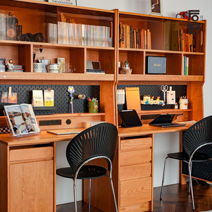 大海 后野实木双人书桌家用大书桌书架书柜一体学生学习桌电脑桌