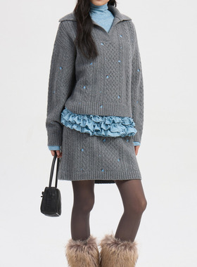 mmjz~韩国外贸25冬LUC~ 时尚减龄大翻领宽松百搭麻花刺绣针织衫女