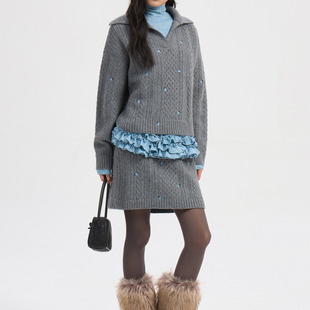 减龄大翻领宽松百搭麻花刺绣针织衫 时尚 女 韩国外贸25冬LUC mmjz