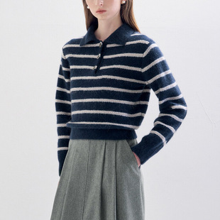 毛衫 mmjz 简单大方POLO领浣熊绒撞色条纹针织衫 25冬 韩国外贸LAN