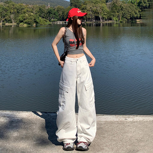 VWYZ美式高街宽松阔腿裤女口袋工装裤百搭春夏直筒牛仔裤长裤子