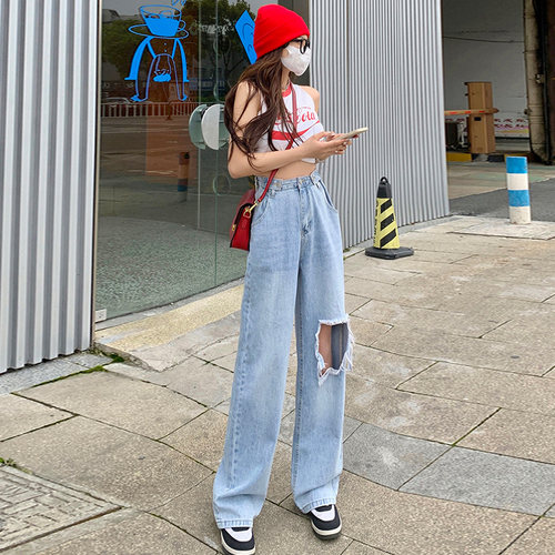高腰阔腿牛仔裤女直筒宽松