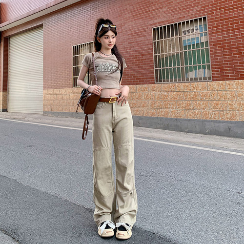 VWYZ2024夏季新款美式高腰卡其色工装裤休闲裤子女显瘦百搭长裤