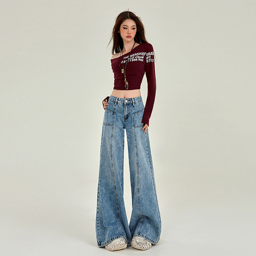 VWYZ2024新款中低腰复古牛仔裤女秋冬设计感美式宽松阔腿微喇裤子