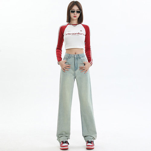 VWYZ设计感阔腿牛仔裤女2024年新款直筒裤高腰宽松拖地裤加长