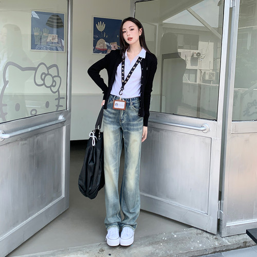VWYZ水洗工艺宽松直筒牛仔裤女2024秋冬新款高腰显瘦阔腿裤子