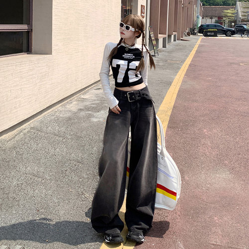 VWYZ冬季新款高腰宽松阔腿裤女2024百搭复古牛仔裤腰带调节拖地裤