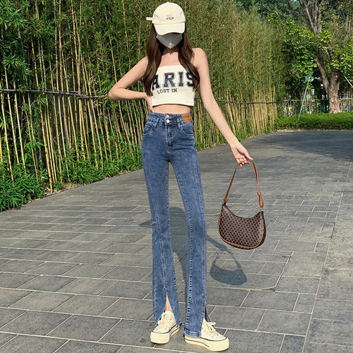 开叉牛仔裤高腰显瘦喇叭裤vwyz