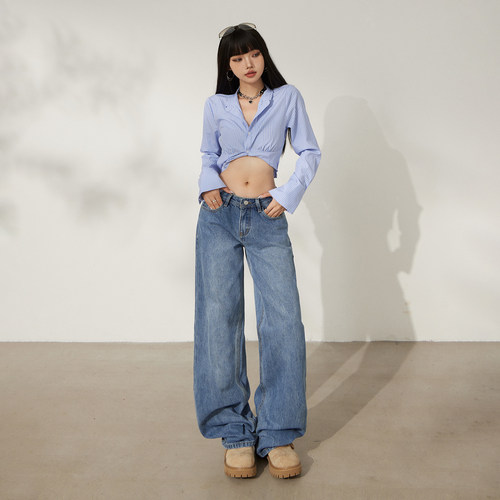vwyz美式复古百搭阔腿牛仔裤女2025年秋季新款休闲直筒垂感长裤子