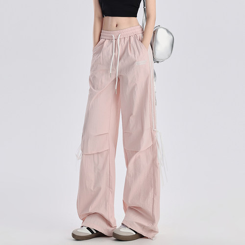VWYZ粉色多巴胺蝴蝶结休闲裤女2024年美式宽松阔腿裤运动工装长裤
