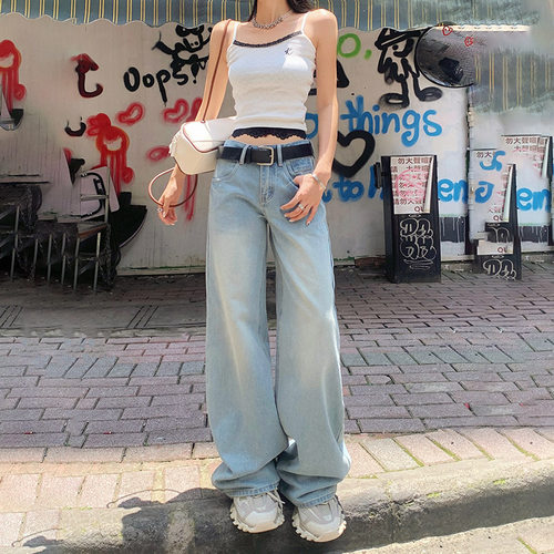 VWYZ美式复古宽松阔腿裤2024新款百搭显瘦垂感直筒牛仔裤女