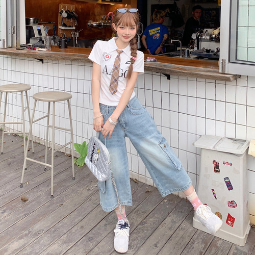 美式复古高腰七分裤高街