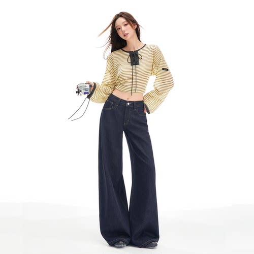 美式复古高腰显瘦阔腿裤女