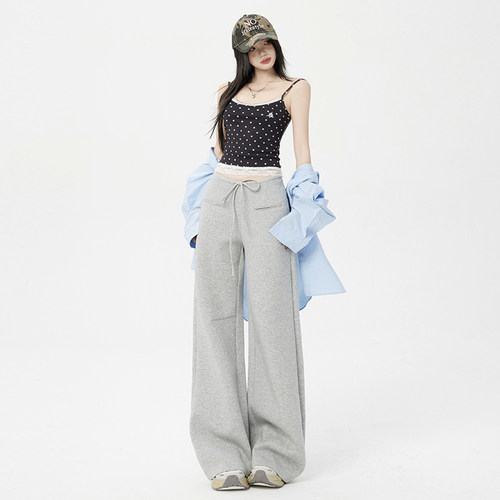 vwyz2025早春基础款空气层微喇叭休闲卫裤女运动裤抽绳绑带阔腿裤