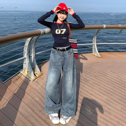 VWYZ2024新款美式复古高腰阔腿牛仔裤女秋季宽松百搭垂感直筒裤子