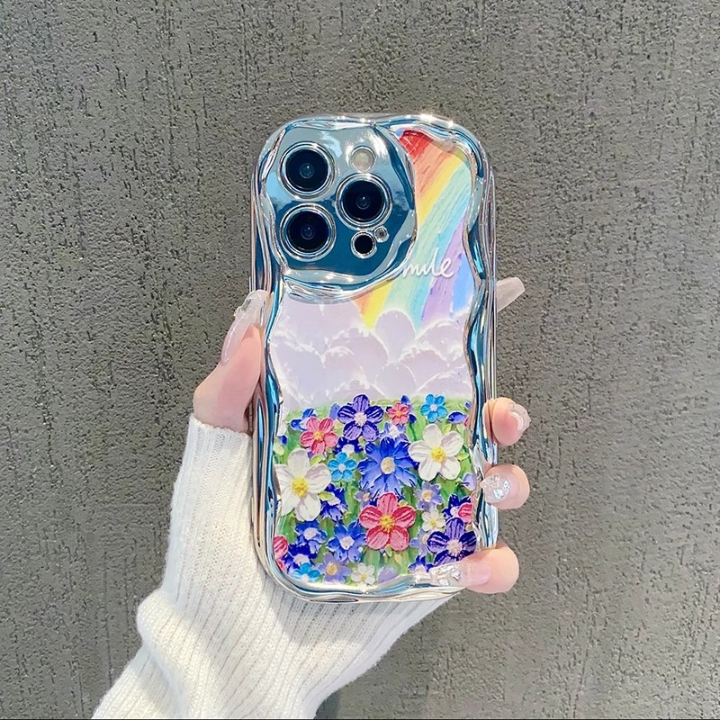 小米硅胶全包防摔电镀银油画彩虹