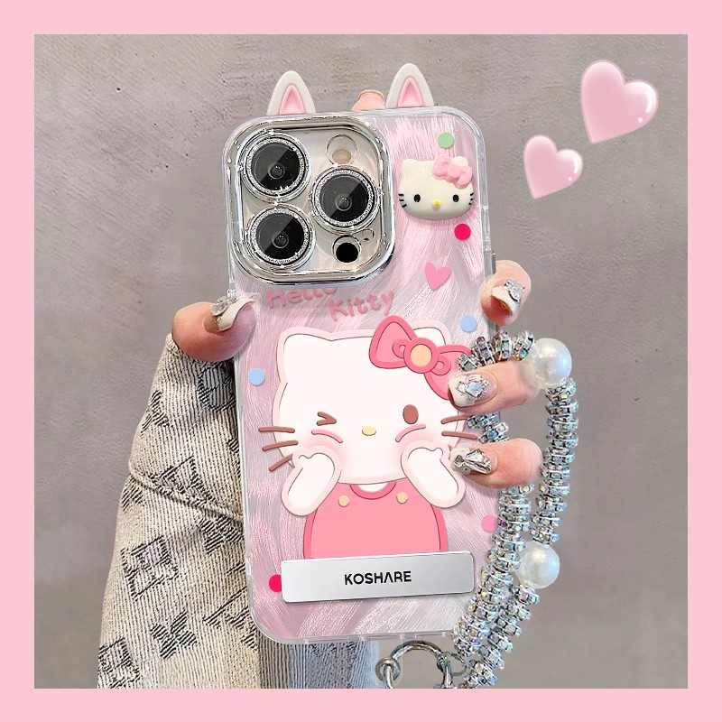 凯蒂猫公仔适用苹果16promax手机壳女新款iPhone15pro时尚羽纱14手链16plus带镜头膜12可爱11promax防摔全包