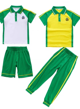 广州番禺区中小学生校服男女运动套装纯棉短袖t恤绿色短裤薄长裤